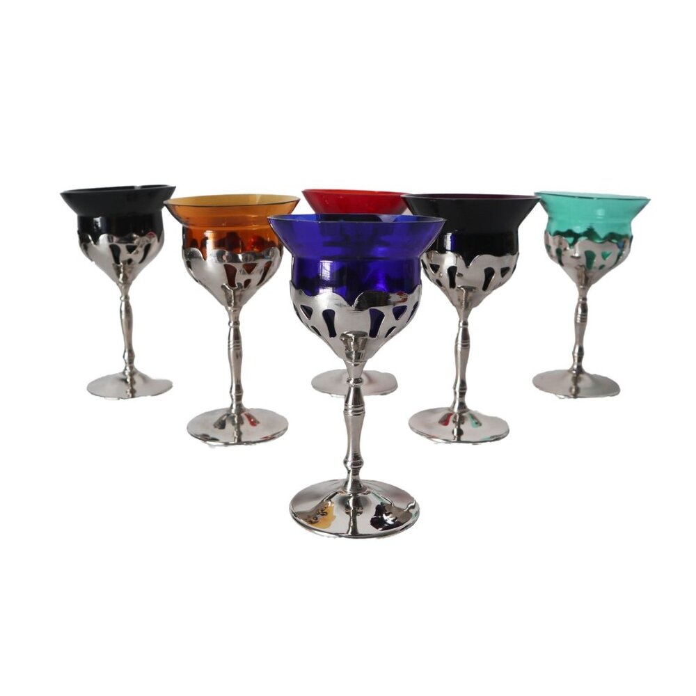4 Cambridge Glass and Chrome Cordial Wine Glasses Barware Cocktail